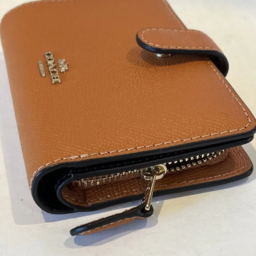 Coach Medium Bifold Snap Wallet Crossgrain Leather Corner Zip Orange ID Window